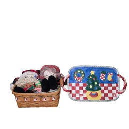 Lotus 1995 Christmas Platter & Basket With Santa & Mrs Clause Dolls
