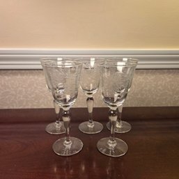 Five Etched Cordial Dessert Wine Glasses