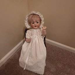 Antique Doll Made In Germany & Wooden Rocker
