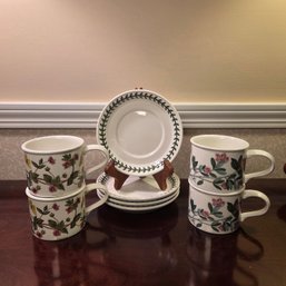 Four Portmeirion Botanic Garden Drum Shaped Teacup & Saucer Set Made In Britain