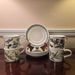 Four Portmeirion Botanic Garden Drum Shaped Teacup & Saucer Set