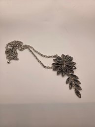 Long Floral Silver Tone Pendant Necklace