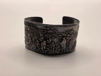 Vintage Hans Jensen Denmark Silver-plated Repousse Cuff Bracelet Featuring A Tavern Scene