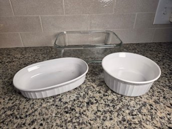 Two Corning Ware French White Disches & Pampered Chef Glass Dish