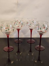 4 Long Stem Etched Crystal Holiday Wine Glasses