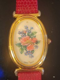 1980s Avon Gold Tone Rose Blossom Dial Watch