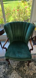 Vintage Green Velvet Upholstered Armchair With Wooden Frame And Carved Legs.