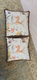 Pair Of Decorative Throw Pillows With Deer And Floral Print.