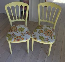 Pair Of Vintage Yellow Wooden Chairs With Floral Upholstered Seats