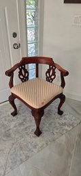 Antique Carved Wooden Corner Chair With Upholstered Seat