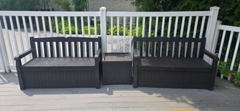 Set Of Two Outdoor Black Resin Storage Benches With Matching Small Storage Chest.