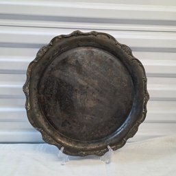 Vintage Silver Plate Roung Serving Tray With A Scalloped Ornate Rim