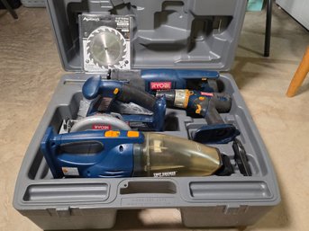 Ryobi 18V Cordless Tool Set With Carrying Case - Saw, Drill, Reciprocating Saw & Wet/Dry Vac
