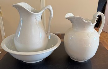 Antique Pitcher And Basin Set And Additional Water Pitcher