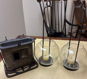 Vintage Cast Iron Stove Component And Two Candle Holders