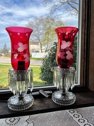 Vintage Cranberry Hurricane Lamps With Crystal Drops, In Very Nice Condition