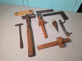 Vintage Measuring & Layout Tool Lot - Squares, Gauges, Plumb Bob, Rule & Hammer