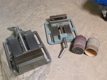 Drill Press Vise Lot - 4' & 5' Metal Vises With Sanding Drums