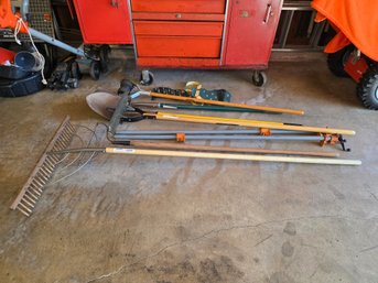Assorted Lawn & Garden Tool Lot - Rakes, Shovels, & Lawn Aerator Shoes