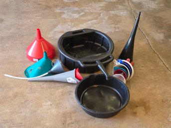 Automotive Funnel & Drain Pan Lot - Assorted Sizes