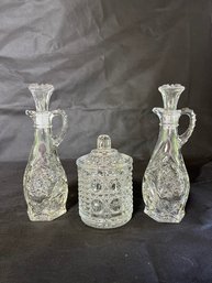 Pair Of Pressed Glass Oil & Vinegar & One Sugar Bowl
