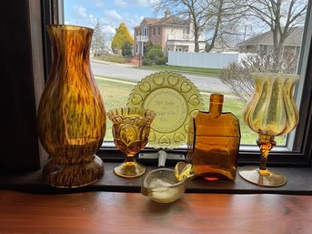 Spatter Amber Hurricane Glass, Amber Glassware Lot