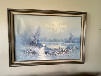 Framed Oil On Canvas, Soft Hues Of Blue
