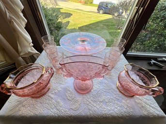 Depression Pink, With Etched Pedestal Cake Plate, Dolphins, And Gilt Edges