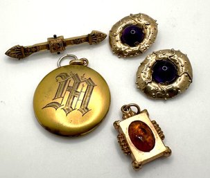Group Of Vintage Sterling Earrings, Bar Pin, Locket And Pendant