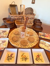 Wooden Bowls, And Plastic Serving Trays Of Various Sizes