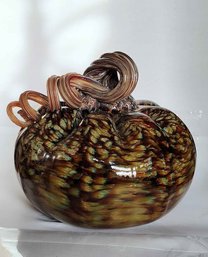 Handblown Artisan Glass Pumpkin Swirled Colorful Art Golden Swirled Stem Signed