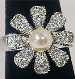 Sterling Silver PJM Flower Ring With Center Pearl And Crystal Stones
