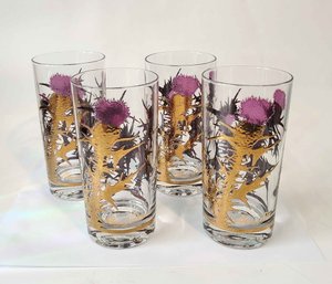 MCM Gregory Duncan W Virginia 22k Gold Purple Thistle Highball Glasses Signed