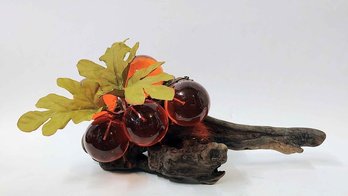 Vintage MCM Large Lucite Grapes On Driftwood Amber/Orange