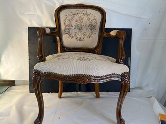 Carved French Style Open Armchair With Tapestry Floral Scene Fabric