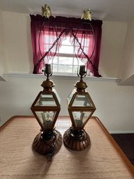 Matching Pair Brass And Beveled Glass Lights