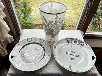 Sterling Silver Overlay Serving Platters, And Large Vase