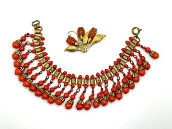 Vintage Orange Beaded And Gold Toned Bracelet & Pin