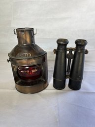 Vintage Decorative Binoculars & Tin Oil Lamp