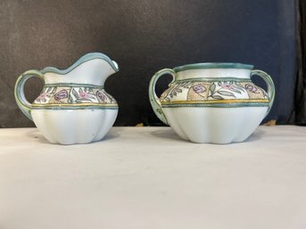 Antique Hand Painted Nippon Moriage Porcelain Creamer & Sugar Bowl Set With No Lid !