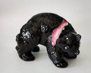 Redware Pottery Bear With Salmon Statue/ Figurine