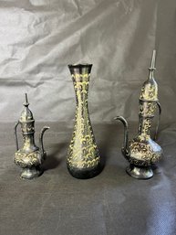 3-Vintage Hand Etched Egyptian Black Gold Brass Vases