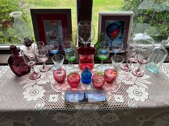 Wonderful Glass Lot, Mixed Stemware, Hurricane Lantern, Bottles, And More!
