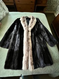 Ladies Black Mink Coat, Car Length, With Bone Colored Trim, Hook And Eye Closure,