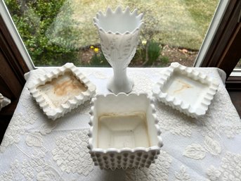 Fenton Hobnail, Planter, White Milk Glass, Ashtrays Or Side Dish, With Stemmed Vase
