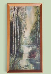 Nice Signed Vintage Landscape With River & Deer Oil On Canvas Painting