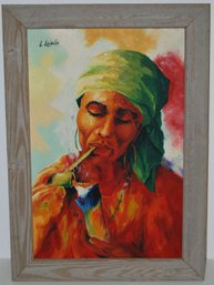 Beautiful Oil Painting By L. Leveille Featuring A Caribbean Woman Smoking Pipe