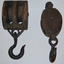Pair Of Antique Wooden Block Pulleys