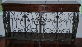 Large Console Table With Wrought Iron Scrollwork And Two Drawers