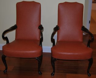 Pair Of Vintage Queen Anne Style Armchairs Upholstered In A Faux Leather